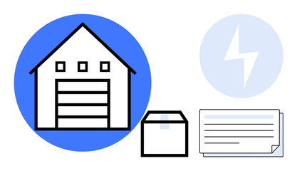 Warehouse with garage door, package, documents, and lightning bolt inside circles. Ideal for logistics, shipping, inventory, energy management, e-commerce operations business workflow storage