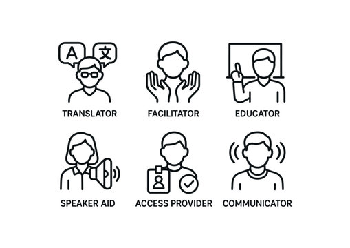 simple outline stroke icon items monoline icons style isolated on white background sign language interpreter (roles): translator facilitator educator speaker aid access provider communicator