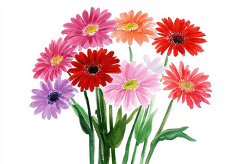 Watercolor floral illustration of vibrant gerbera daisies in various colors, showcasing beauty and elegance
