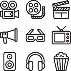 Vector art of collection of cinema and entertainment icons isolated on white background.