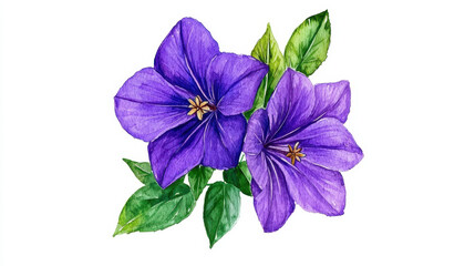 Watercolor botanical illustration of vibrant purple flowers with green leaves, showcasing natural beauty and elegance