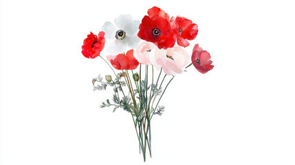 Watercolor botanical illustration of vibrant anemone flowers in red, white, and pink hues, showcasing their delicate beauty