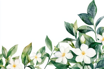 Beautiful watercolor botanical illustration featuring white flowers and green leaves, evoking sense of tranquility and nature
