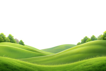 Lush green hills with trees landscape, isolated on transparent background, offering a serene and natural view for various design purposes