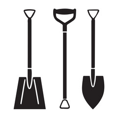 Vector art of three different types of shovels and spades silhouettes isolated on white background
