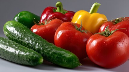 Fresh Vegetables Cucumbers Tomatoes and Bell Peppers