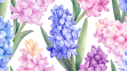 Watercolor botanical illustration of colorful hyacinth flowers in various shades, creating vibrant and cheerful atmosphere