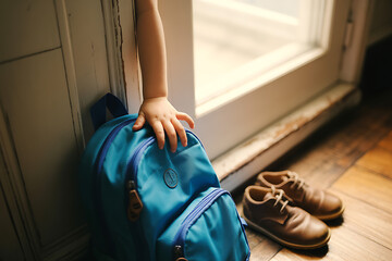 Little hand reaching for backpack, ready for school adventures, childhood memories, back to school, learning, education, youth