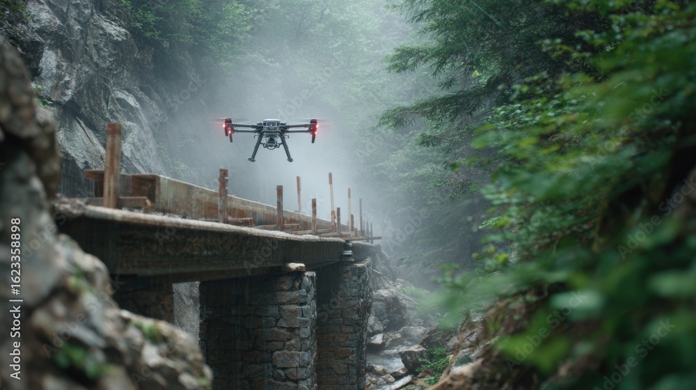 Poster sharp medium shot of a hightech drone maneuvering a composite bridge beam through mist above a rocky