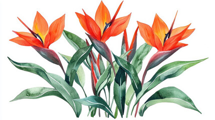 Watercolor botanical illustration of vibrant orange flowers with green leaves, showcasing natural beauty and elegance