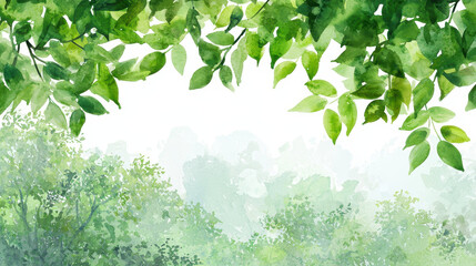 Serene watercolor illustration featuring lush green leaves and soft foliage, evoking sense of tranquility and nature