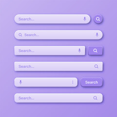 Colorful 3d search bar templates. Internet browser engine with search box, address bar and text field. UI design, website interface element with web icons and push button. Vector illustration