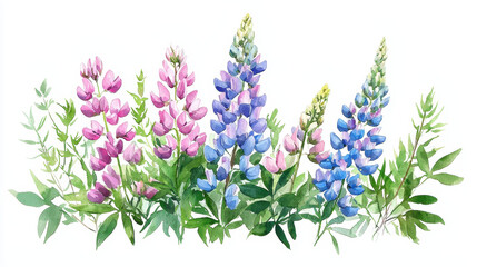 Watercolor botanical illustration of colorful lupine flowers in various shades, showcasing nature beauty and vibrancy