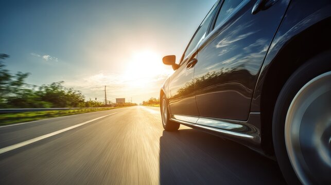 A car speeds down a sunlit highway, capturing the essence of freedom and motion.
