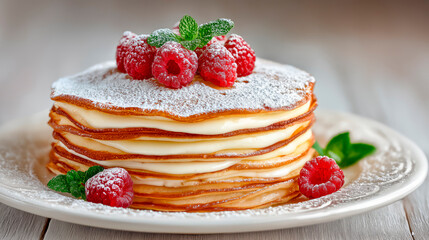 Pancakes with fresh raspberries and powdered sugar, a delicious dessert in a home style.