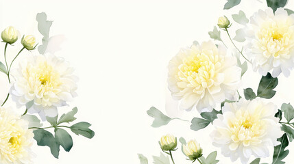 Watercolor chrysanthemums in soft yellow and white create serene floral arrangement, evoking tranquility and beauty