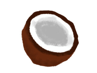 Illustration of a brown coconut split open, showing the white interior