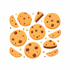 Obraz premium A delightful collection of cartoon chocolate chip cookies. Flat vector illustration of whole and broken sweet baked goods for a delicious snack or dessert concept.