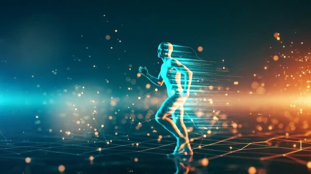 A dynamic glowing figure of a runner in motion set against a futuristic background with vibrant blue and orange lights symbolizing speed and energy in a digital landscape