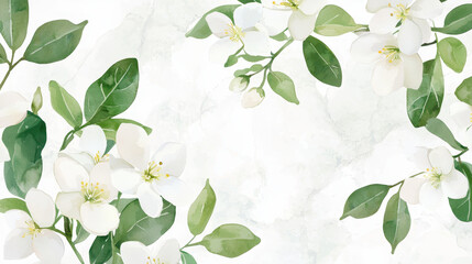 Watercolor jasmine flowers with green leaves create serene and elegant atmosphere, perfect for any decor