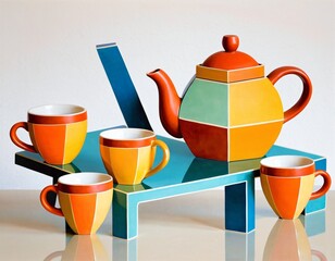 Colorful Geometric Teapot and Coffee Mugs on Creative Artistic Display