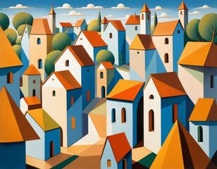 Colorful Abstract Village Scene with Stylized Architecture and Orange Roofs