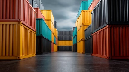 Colorful Shipping Containers Under Dramatic Sky