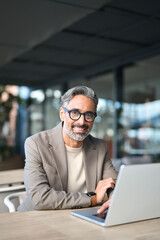 Fototapeta na wymiar Happy confident mature professional business man working looking at camera. Smiling middle aged businessman wearing glasses sitting at outdoor office table using laptop. Vertical portrait.