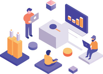 Isometric Office Scene with Team Collaborating on Project