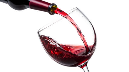 Pouring red wine into a glass isolated on transparent background, creating a splash and flow of liquid, perfect for celebration and luxury