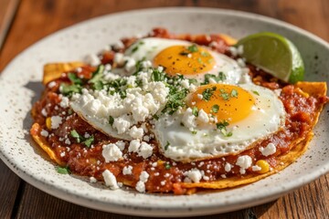 Authentic chilaquiles with fried eggs, cheese, and lime on a white plate