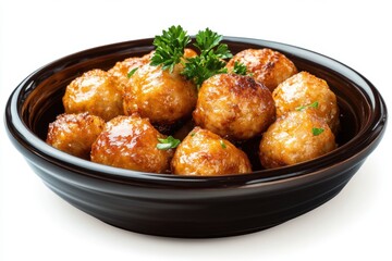 Bowl of delicious meatballs isolated on white background