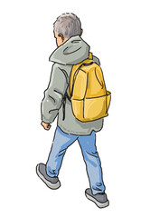 One little boy with backpack, junior schoolchild walking outdoors alone, back view, vector hand drawing, white background