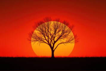 big sunset with lonely tree close up
