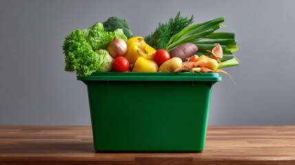 Green Container with Vegetables Wooden Surface
