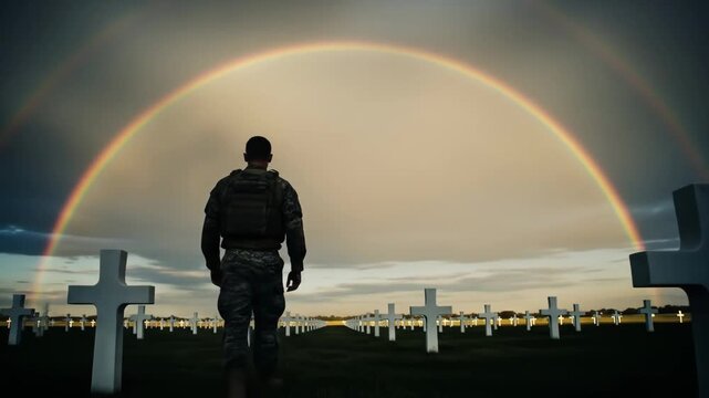 Soldier Silhouetted Against Rainbow Over Military Cemetery - A lone soldier stands with his back to the camera, silhouetted against a double rainbow arching over a field of white crosses in a