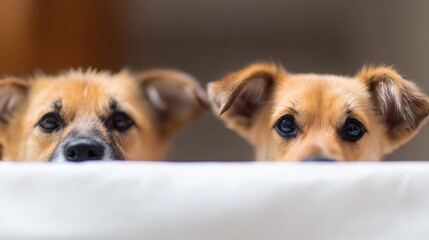 Playful puppies peeking with curiosity in soft warm illumination, great for children's books, pet product ads, or animal companionship scenes.