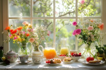 Beautiful flowers, fruits, and drinks on a table by the window