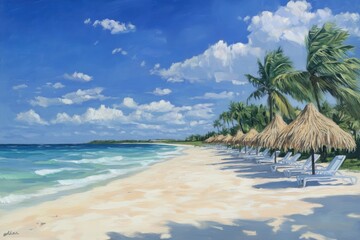 Beautiful tropical beach with palm trees, umbrellas, and turquoise sea