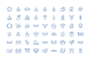 Vector art of assortment of christmas themed icons with blue outline on white background, isolated on white background