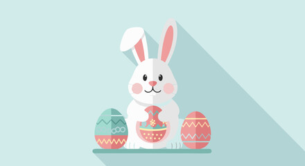 Fototapeta premium Minimalist Easter Celebration: A Whimsical Bunny with Decorated Eggs on Pastel Background for Festive Spring Holiday Card Design