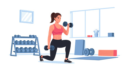Fototapeta premium Athletic Woman Performs Dumbbell Lunges in Brightly Lit Gym, Encouraging Fitness, Health, and Active Lifestyle Illustration