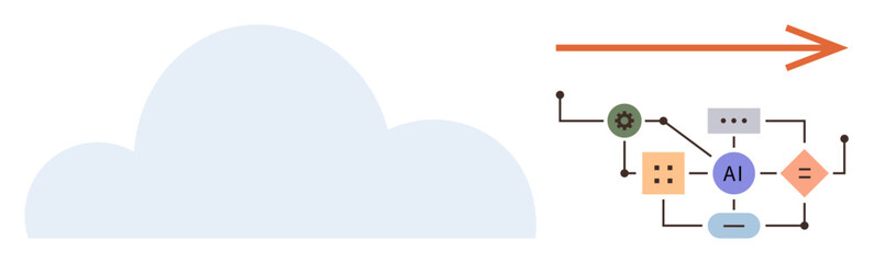 Cloud connected to AI workflow with arrows, shapes, and nodes representing automated processes. Ideal for innovation, cloud computing, AI, automation, machine learning, data processing simple flat