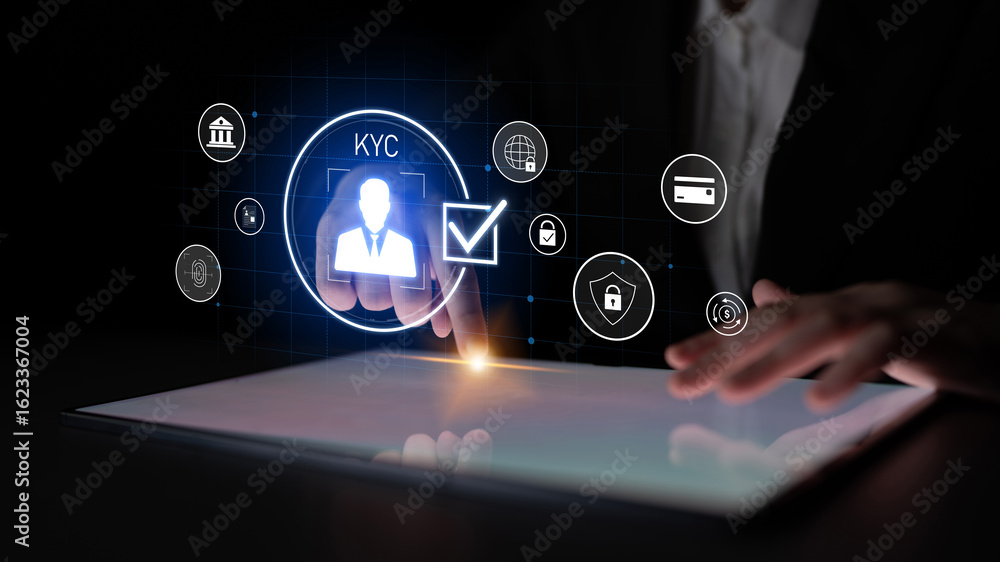 Poster digital kyc verification with biometric scan, id authentication, and financial security icons repres