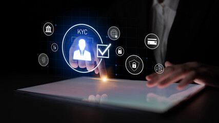 Digital KYC verification with biometric scan, ID authentication, and financial security icons representing identity verification, secure onboarding, fraud prevention, and compliance Latch