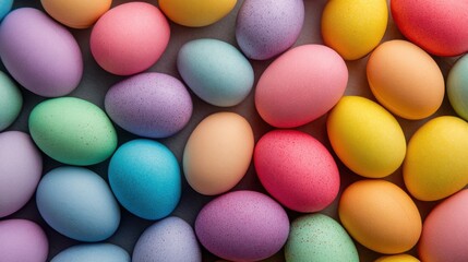 Obraz premium A beautiful overhead view of pastel colored easter eggs arranged in a textured pattern