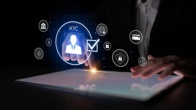 Digital KYC verification with biometric scan, ID authentication, and financial security icons representing identity verification, secure onboarding, fraud prevention, and compliance Latch