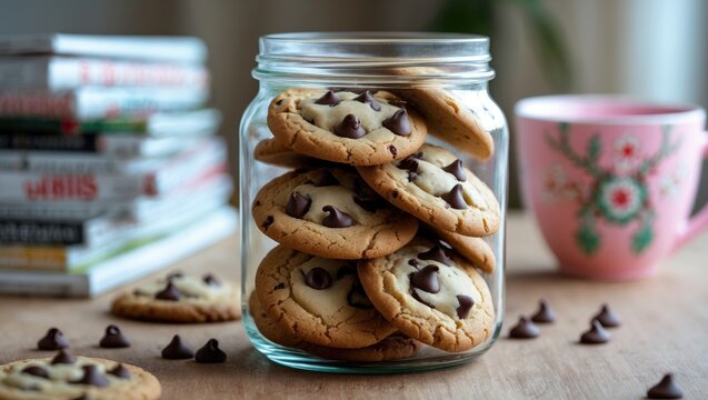 Cookies in a jar with chocolate chips and a stack of books and a pink floral mug in the background.