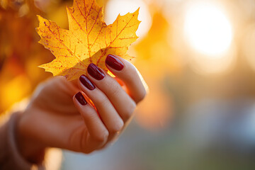 Close-up of a female hand holding a golden leaf with autumn sunlight in the background
