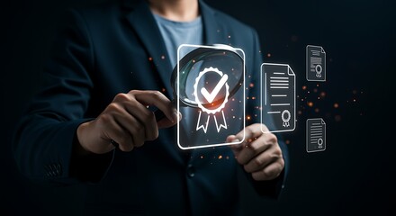 Businessperson examining quality assurance certificate documents with a magnifying glass
